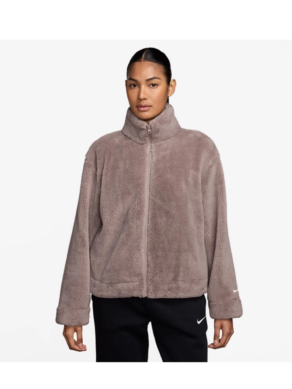 NWT Nike Women's Nike Sportswear Essential High-Pile Fleece Jacket Sz L brown